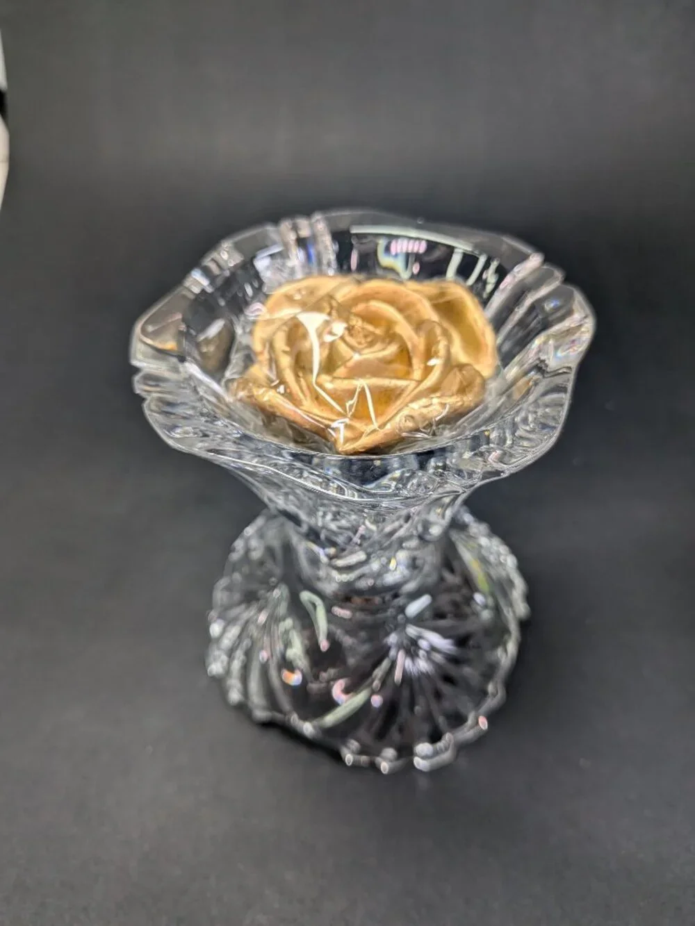VTG 60s Crystal Reversible Candle Holders Dual Taper Rose Bowl Set of 2 Rings